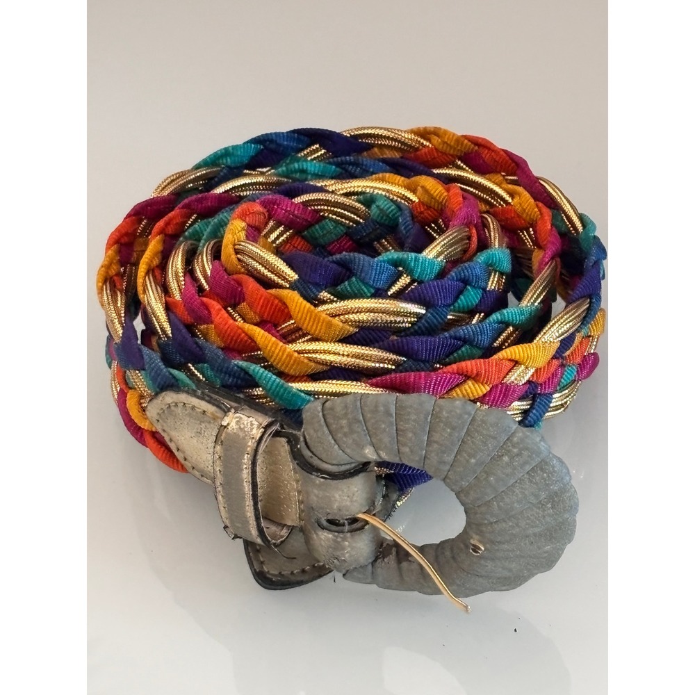 Vintage Rainbow Braided Cord Belt Gold Metallic Multi Color Boho Retro Statement